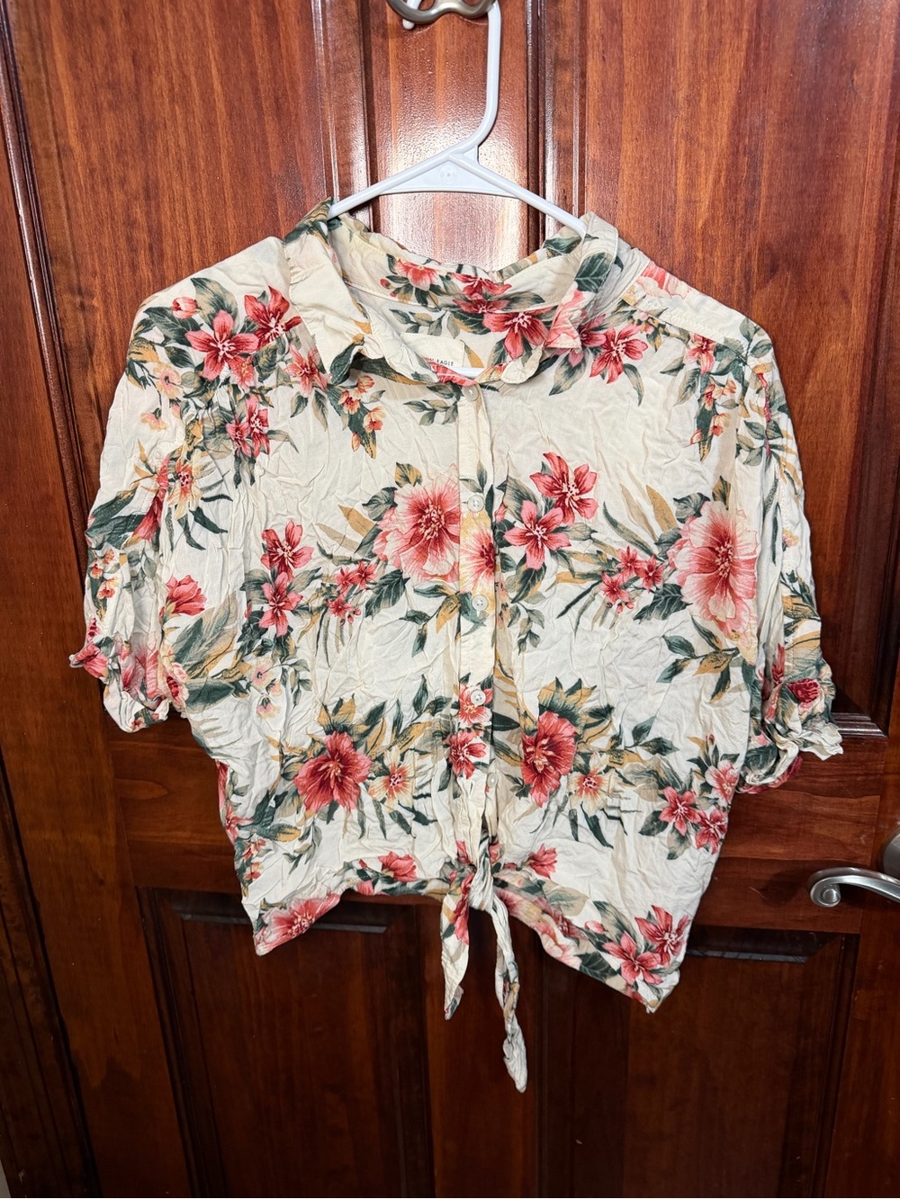 American Eagle Outfitters Cream Floral Button-Up Tie-Front Top